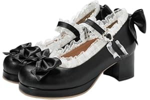 USHOBE 1 Paar Mary Schuhe mit Spitze für Frauen Süße Bownot Lolita Schuhe Knöchelgurt Klobige Absätze Kawaii Plattform Pumps für Frauen Mädchen