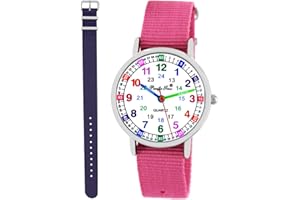 Pacific Time Kinder Armbanduhr Mädchen Jungen Lernuhr Kinderuhr Set 2 Textil Armband violett + analog Quarz
