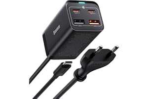 Baseus Caricatore USB C rapido 65W, PD GaN3 Fast Wall Charger, 4 Porte [2USB-C+2USB] Stazione di Ricarica con Cavo 1,5m AC per MacBook Pro/Air, USB-C Laptop, iPhone 14/13/12, Samsung Galaxy S23/S22