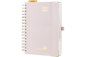 POPRUN Academic Diary 2024-2025 A5 Day to Page Spiral Hardcover Mid Year Daily Diary (Aug'24 - Jul'25) A Day per Page with Monthly Tabs 24/25 Planner (Light Pink)