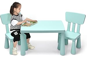 RELAX4LIFE Tavolino per Bambini con 2 Sedie in PP Atossico, Montaggio senza Attrezzo, Portata di 50 KG, Tavolo: 54,5x76,5x49,5cm, Sedie con Schienale: 36x35x66,5cm (VERDE)