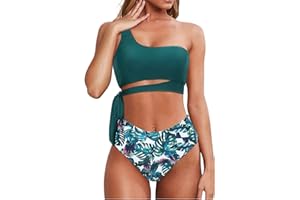 Rayson Donna Vita Alta Costume da Bagno a Due Pezzi Bikini Set Chic Monospalla retrò con Spalline Laterali