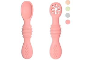 VegMai® PreLöffel Babys. BLW-Lernlöffel, Phase 1 + Phase 2. Empfohlen von Ernährungswissenschaftlern und Experten für Baby-led Weaning. Antibakterielle und ergonomische Silberwaren aus Silikon (ROSA)