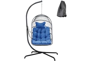 Mojia Outdoor Egg Chair With Stand, Patio PE Wicker Hanging Hammock Chair With UV Resistant Cushion and Chair Cover for Garden, Backyards, Poolside, Bedrooms, 190KG Weight Capacity (Blue)