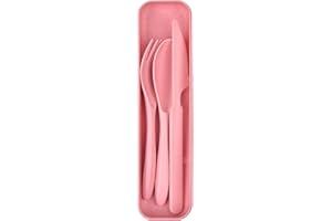FAUMSUT Set di posate da campeggio, set di utensili riutilizzabili con custodia, posate in plastica, set di posate portatili, custodia in plastica ecologica per viaggi (rosa)