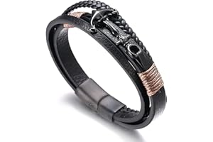 HALUKAKAH Enfant ● Voile Junior ● Garçons Cuir Véritable Tresse à la Main Ancre Bracelet 13-16 Ans. Titane Mat Fermoir Magnétique Argent Taille Réglable 18-19.5cm avec Le Boîte-Cadeau