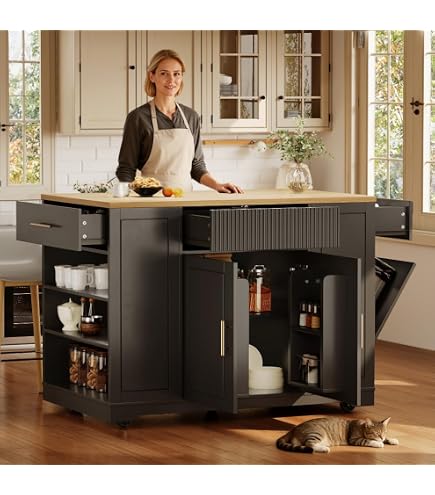 Îlot De Cuisine Mobile Avec Multiprise - Plan Pliable, 2 Tiroirs, 2 Portes - Roulettes Freinées - Noir - Dimensions 151,5x84,7x91,7 Cm - 3