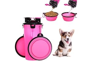 Voarge Cantimplora para perros y alimentos, con 2 plegable cuenco para perros, recipiente 2 en 1, doble cámara para pasear, para perros, viaje portátil para animales (rosa)