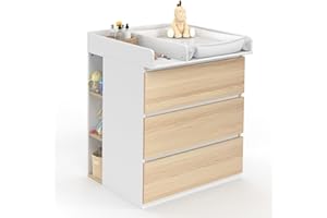 IDMarket - Commode à Langer évolutive Ambre façon hêtre et Blanc 3 tiroirs Table à Langer et 2 étagères Amovibles