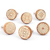 Indianshelf 6 Pieces Wood Brown Floral Boho Cabinet Knob Set Handmade Unique Round Drawer Pulls Handles Wardrobe Kitchen Furn