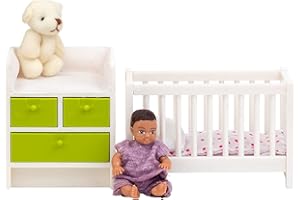 LUNDBY Dolls House Furniture Baby Room – Doll Cot Bed Crib + Doll Changing Table – Doll House Accessories for 11 cm Mini Dolls – 7 pieces, Age 4+ 11:18