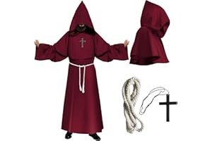 Puddry Kostium mnicha dla dorosłych, męski, na Halloween, średniowieczny płaszcz z dużą peleryną z kapturem, pasek ze sznurkiem i krzyżem, renesansowa szata cosplay, fantazyjny kostium kapłana