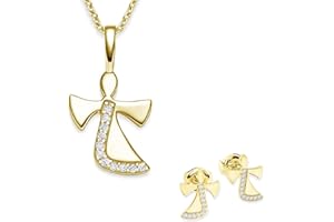Amoonic Jewellery Set Girls Gold (Silver 925 Gold-Plated) Angel Chain Communion Gifts for Girls Jewellery Guardian Angel Chain Children Gifts Christening Gifts for Birth Children's Necklace Earrings,