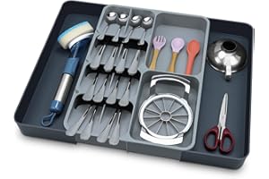Feelhap Organizador de Cubiertos,Bandeja para Cubiertos Extensible Organizador de Cubiertos de Plástico,Gris Cubertero con 10-12 compartimentos,Divisor Cajones de Cocina 28-49cm x 39 x 5.5cm