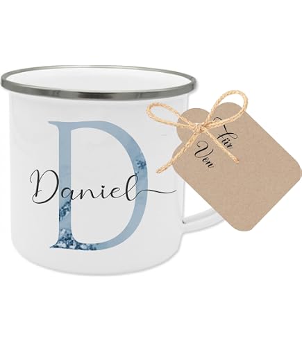 Personalisiertbare Emaille Tasse - Boho Regenbogen Design Mit Namen - 300 Ml (Weiß/Schwarz)
