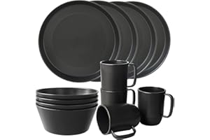 Greentainer Plastikowe, niezniszczalne zestawy zastawy stołowej, 12 szt. zastawy kempingowej, lekkie talerze, miski i kubki, zestaw talerzy nadających się do kuchenki mikrofalowej i zmywarki, serwis dla 4 osób, idealne dla dzieci i dorosłych (czarne)