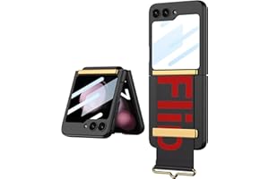 JEELAR ESONG Case for Samsung Galaxy Z Flip7 With Back Screen Protector/Leather Wristband Holder,Hinge Protection,UltraThin Wrist Strap Kickstand Hard PC Cover,Shockproof Protective Bumper Shell-Black