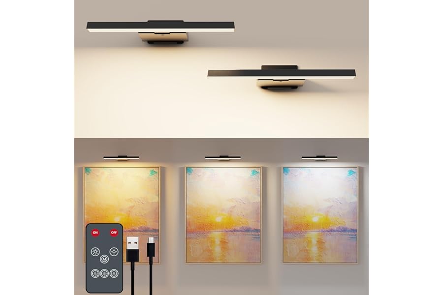 Coollamp 2 Pack Picture Lights for Wall, Cordless Rechargeable Wall Lights, Battery Operated Wall Lights with 3 Color Temp Remote Control, CRI 95+, Dartboard Light for Frames & Art Painting