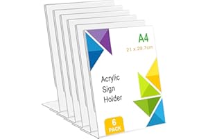 Yeqqzq 6 Pcs A4 Acrylic Sign Holder, Clear Poster Menu Holder, L-Shape Display Stands, Clear Plastic Display Holders Stands for Table Restaurant Hotel Documents Office