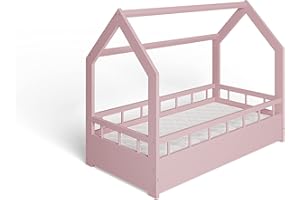 MS FACTORY Lit Enfant Bébé Maison 70x140 cm - Lit en Massif Cabane avec Protection Anti-retombée, Barrière Sécurité - Style Scandinave Montessori - Rose Barrières
