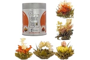 The Exotic Teapot – Flowering Tea Sampler Tin, 5 Assorted Flower Blooms, Jasmine, Fruity Flavours