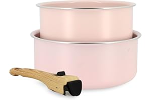 MENASTYL - Lot de 2 Casseroles Amovibles Empilables 16 et 18 cm - Tous Feux Dont Induction - Revêtement Céramique Antiadhésif sans PFAS - Gamme Colorama - Couleur Rose - 98% Aluminium Recyclé