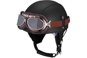 Woljay Vintage Leather Motorcycle Retro Half Helmet Men Women Adult for Scooter Bike Cruiser with Goggles and Drop Down Sun Lens