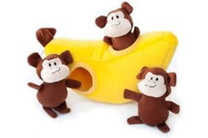 ZippyPaws Zoo Friends Burrow interaktywne zabawki dla psów – zabawki dla psów i szczeniaków, kolorowe piszczące zabawki dla psów i pluszowe puzzle dla psów, małpa i banan