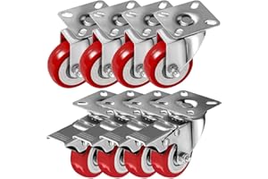 ONLINE BEST SERVICE FactorDuty 8 Pack 50mm up to 240KG Heavy Duty Red Polyurethane Castor Wheels, 4 No Brakes & 4 With Brakes for DIY, Furniture Trolley Caster Wheels