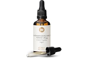 ‎SUNDAY NATURAL SUNDAY NATURAL® Vitamin D3 K2 Tropfen hochdosiert - Vegan - Premium Vitamin D 3 1.000 IE + K2-MK7 ≥99,8% all-trans 20µg - Optimale Bioverfügbarkeit, ohne unnötige Zusätze, laborgeprüft