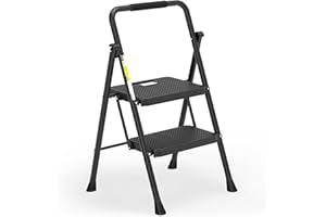 HBTOWER Escabeau Pliable à 2 marches avec Large pédale antidérapante, échelle en Acier Robuste, poignée Pratique, Tabouret léger en Acier Portable, Noir