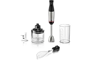 ‎BOSCH HAUSGERÄTE Bosch Stabmixer ErgoMaster Serie 6, einhändig bedienbar, Edelstahl-Klingen, verschleißfreie Keramik-Kupplung, langlebig, Luftkühlung, Zerkleinerer, Schneebesen, Mixbecher, 1000 W, Edelstahl, MSM6M622