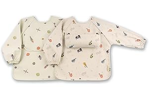 ÜneeQbaby - Baberos impermeables para bebés y niños pequeños, paquete de 2, manga larga Oeko-TEX para alimentar y jugar