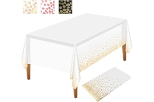 NEBURORA 1 Pack White and Gold Party Tablecloth Plastic Tablecloth 137x274cm Gold Dot Confetti Disposable Table Cover Rectangular Party Table Cover for Picnic, Baby Shower, Halloween, Birthday