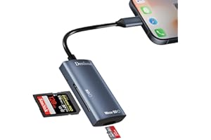DENLANE SD Card Reader for iPhone iPad, 2-In-1 Dual Slot Aluminium Memory SD Card Reader for Micro SD/SD/UHS-I Cards, Camera Card Reader Converter for iPhone 14/13/12/11/8/7/6/Plus/Pro/Max, Plug and Play
