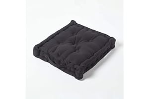 HOMESCAPES Luxury Floor Cushion Plain 100% Cotton Black 50 x 50 x 10cm, Booster Cushion Seat Chair Pad Dining Thick & Plush Garden Floor Pillow for Kids Elderly Pets Indoor Outdoor Use