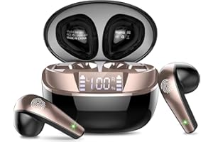 BESNOOW Cuffie Bluetooth, Auricolari Bluetooth 5.3 con Bassi Immersive, Cuffie Wireless Mini Incorporato Mic, IP7 Impermeabili Cuffiette Bluetooth, 40H Cuffie Senza Fili con Display LED, Oro Nero