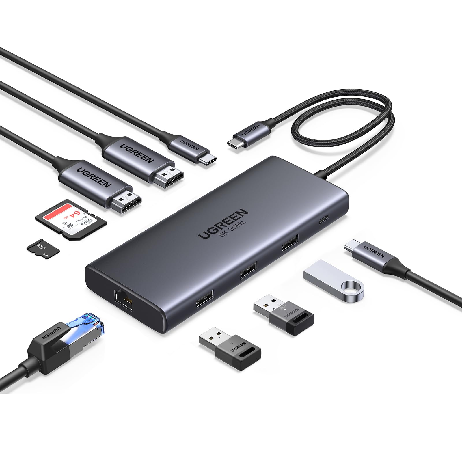 UGREEN Revodok Pro 210 Hub USB C 10 en 1 Docking Station Dual Pantalla | 2 HDMI, Único 8K30Hz, Doble 4K60Hz, Ethernet Gigabit, Carga PD 100W, 5Gbps, 3A1C, SD TF, Compatible con MacBook Pro Air