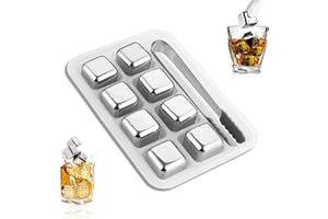 GOIEHIR Whiskey-Eiswürfel+Clips aus 304 Edelstahl, 8 Stück Whisky Steine Edelstahl Set, Edelstahl Eiswürfel Set, Whisky Eiswürfel Wiederverwendbar, für Whiskey, Wodka und Tequil, Silber