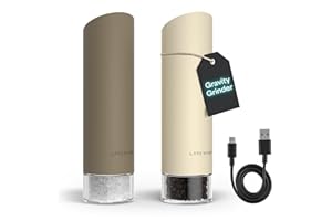 LARS NYSØM Gravity Grinder - Elektrisches Salz- und Pfeffermühlen Set - USB-C Wiederaufladbare Automatische Gewürzmühlen, Einstellbarer Mahlgrad, Einhandbedienung für die Küche (Brown/Beige)