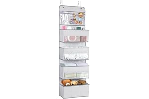 Univivi Over The Door Storage Organiser, Door Hanging Shelves with 4 Clear Window Pockets & 3 Clear Pockets, Foldable Hanging Storage for Baby Nursery Livingroom Bedroom Bathroom, Grey
