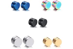FPEAOB 5 Paare 8mm Titan Edelstahl Herren Magnet ohrringe Fake Plug Ohrringe Rund Magnet Ohrstecker für Herren Damen Ohrringe Clips Tunnel Non-Piercing Punkstil Schwarz,Silber, Regenbogen, Gold, Blau MEHRWEG