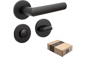 APECS Maniglia per porte interne, nera opaca, moderna, per porta di casa e porta interna, con rosette rotonde, con materiale di fissaggio, per porta modello KUMA WC – bagno
