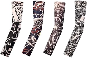 QEQSHQO 4 Set Tattoo-Ärmel, Stretch-Nylon, realistische temporäre Fake-Tattoo-Ärmel, Ärmel für Männer und Frauen, Sportschutz, Sonnenschutz, Belüftung