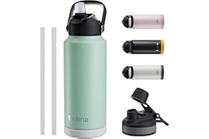 Exllena Insulated Water Bottles with Straw - 1 Litre, Stainless Steel Double-Wall Vacuum Thermal Water Bottle, Leakproof, BPA-Free (Sage Green)