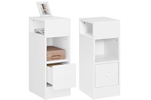 eSituro Set of 2 Narrow Bedside Table with 2 Open Compartments and 1 Drawer, White Nightstand 25x30x66 cm, Space Saving Cabinet Night Table for Bedroom Living Room, Wooden, SCD0213-2