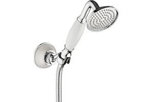 PaulGurkes Retro Handbrausenset Nostalgie Handbrause Brausehalter Duschschlauch Vintage Brause Set Brauseschlauch 120cm 1,2m Keramik massives Messing hochwertig verchromt Landhausstil weiß