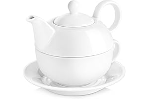 MALACASA, Serie Sweet.Time, Juego de Té Individuales para Uno, 4 Piezas, Porcelana China, con 1 Juego de Tetera de 17 cm 320 ML (con la Tapa), 1 Taza de 250 ML y 1 Platillo de 15 cm