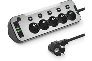 AONOKA Regleta Enchufes Esquina con USB C,5 Tomas Enchufe Multiple Proteccion Sobretension,Ladron Interruptore Individuale,Regleta Escritorio Panel Frontal de Metal Encimera Cocina Alargador 2M Cable,Negro