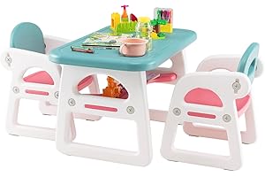 LIFEZEAL Set Tavolo e Sedie per Bambini 1-5 Anni, Tavolino Multiattivita Bambini in Plastica Rettangolare con Ripiano, Sicuro Materiale e Stabile Struttura, Sedia con Schienale e Braccioli (Blue)